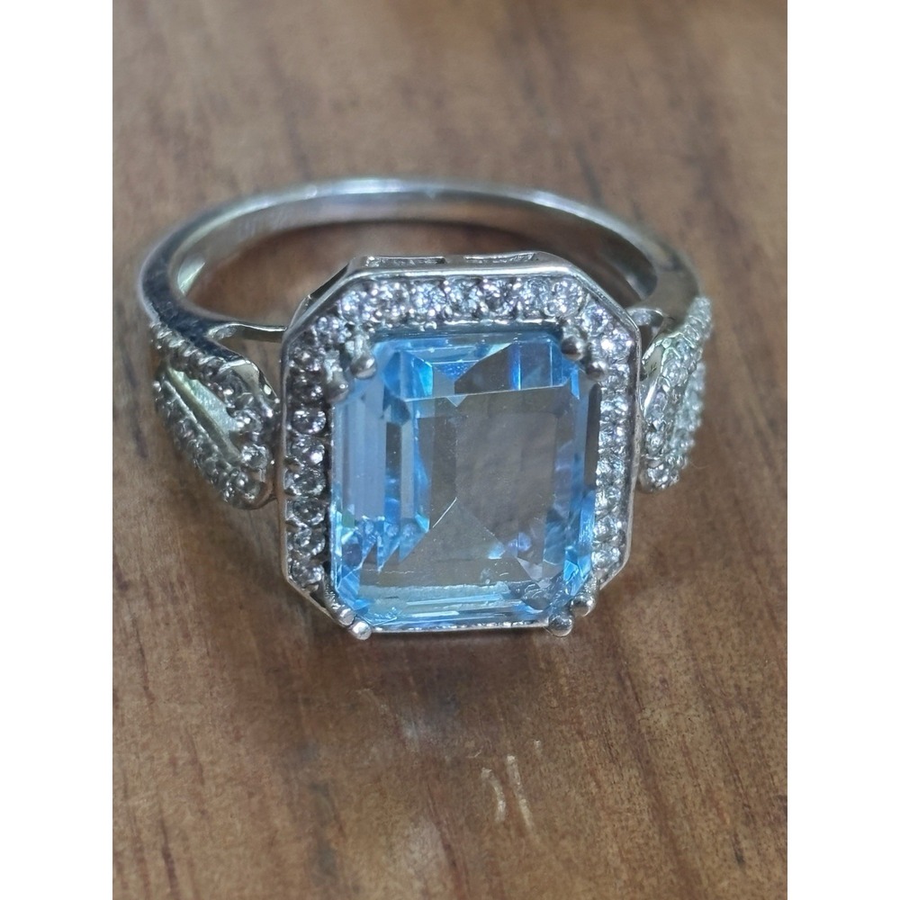 Vintage Style Silver 925 Natural Emerald Cut Blue Topaz and Diamond Size 10